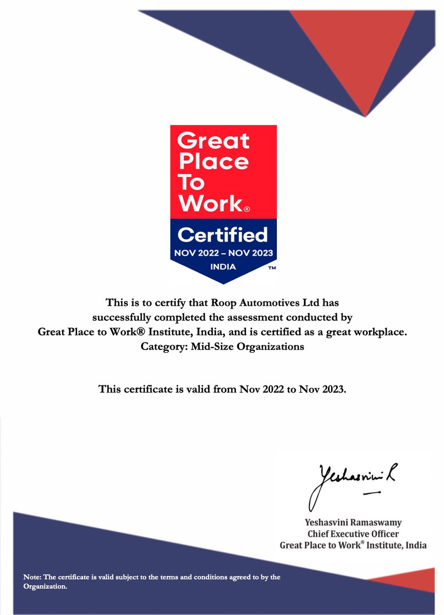 Humbled and elated to share that we have been certified by GPTW.
Congrats to everyone at RAL for being honest and sharing their true beliefs. 
Now that the benchmark has been set, we only need to strive harder to better ourselves.
#roopautolife
#roopautokijai
#humhainroopauto
