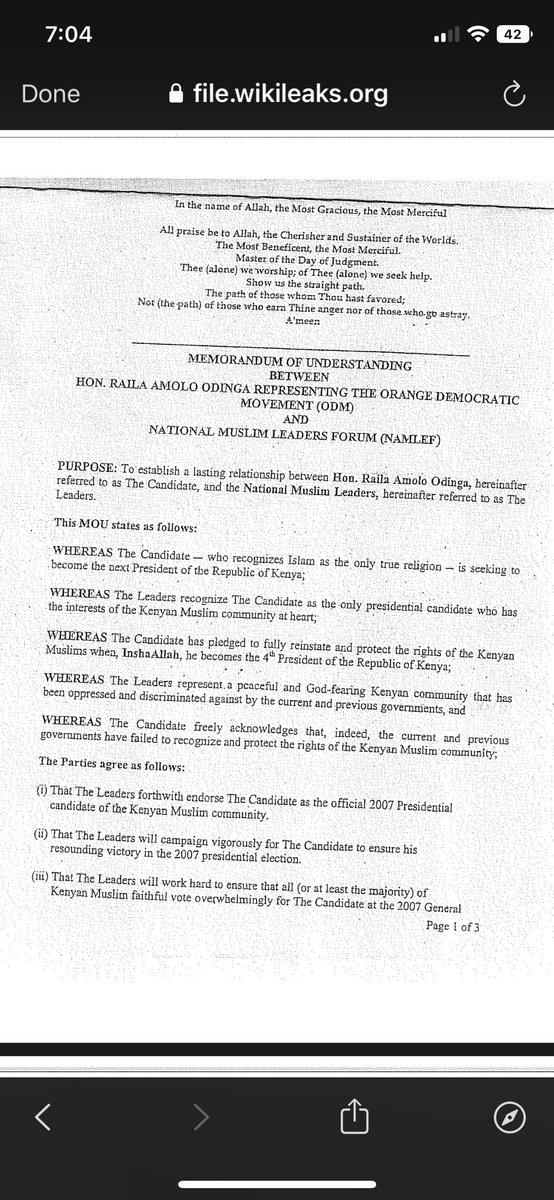 Wikileaks dumped this Mou signed in 2007 between Raila and the Muslim community. Raila can do anything to be President, including turning Kenya to an Islamic State.