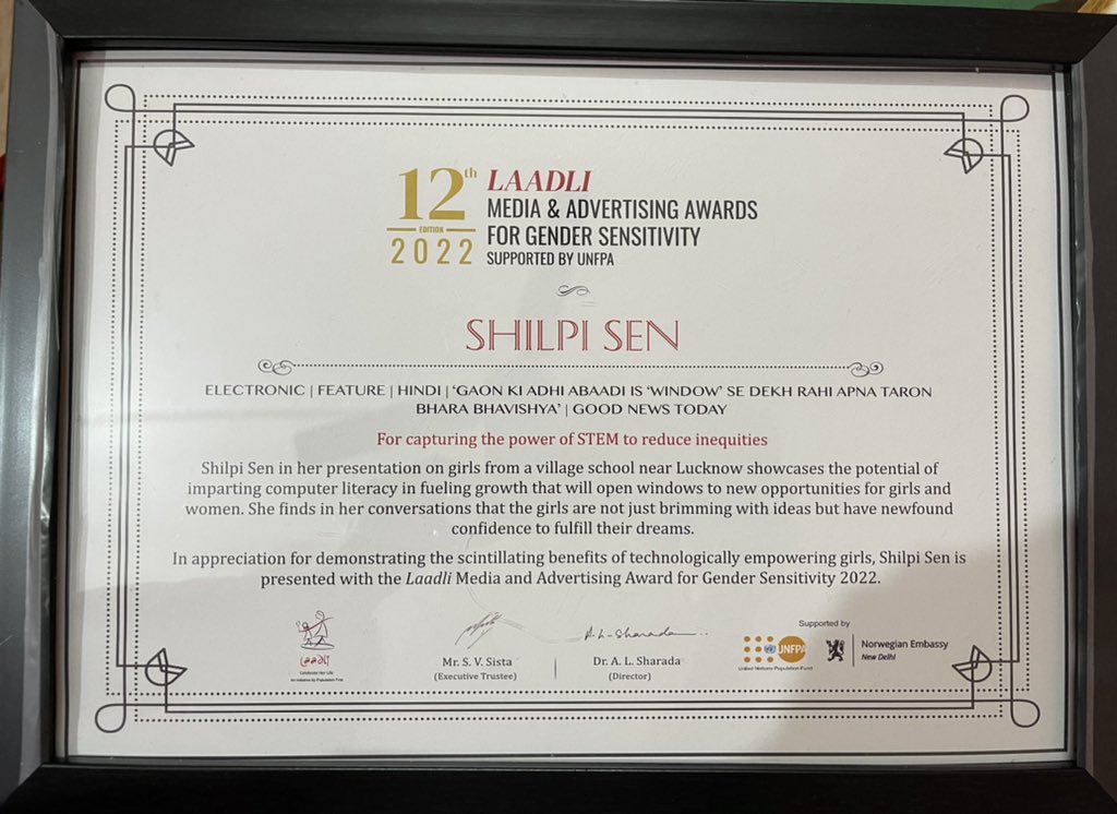 senshilpi's tweet image. Honoured to receive the prestigious #Laadli Media Award for Gender Sensitivity 2022 (Electronic feature catagory) for my story titled ‘watching the stars from her Windows.’
Humbled and motivated🙏
@GoodNewsToday @SwetaSinghAT