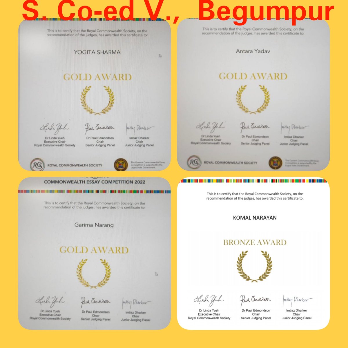 Proud moment for S.(Co-ed) V.,Begumpur(1923057).... Three students(junior) recieved Gold Awards and one student (senior) recieved Bronze Award in Queens Commonwealth Essay Competition 2022@commonwealthessay@Queenscommonwealth essay competition