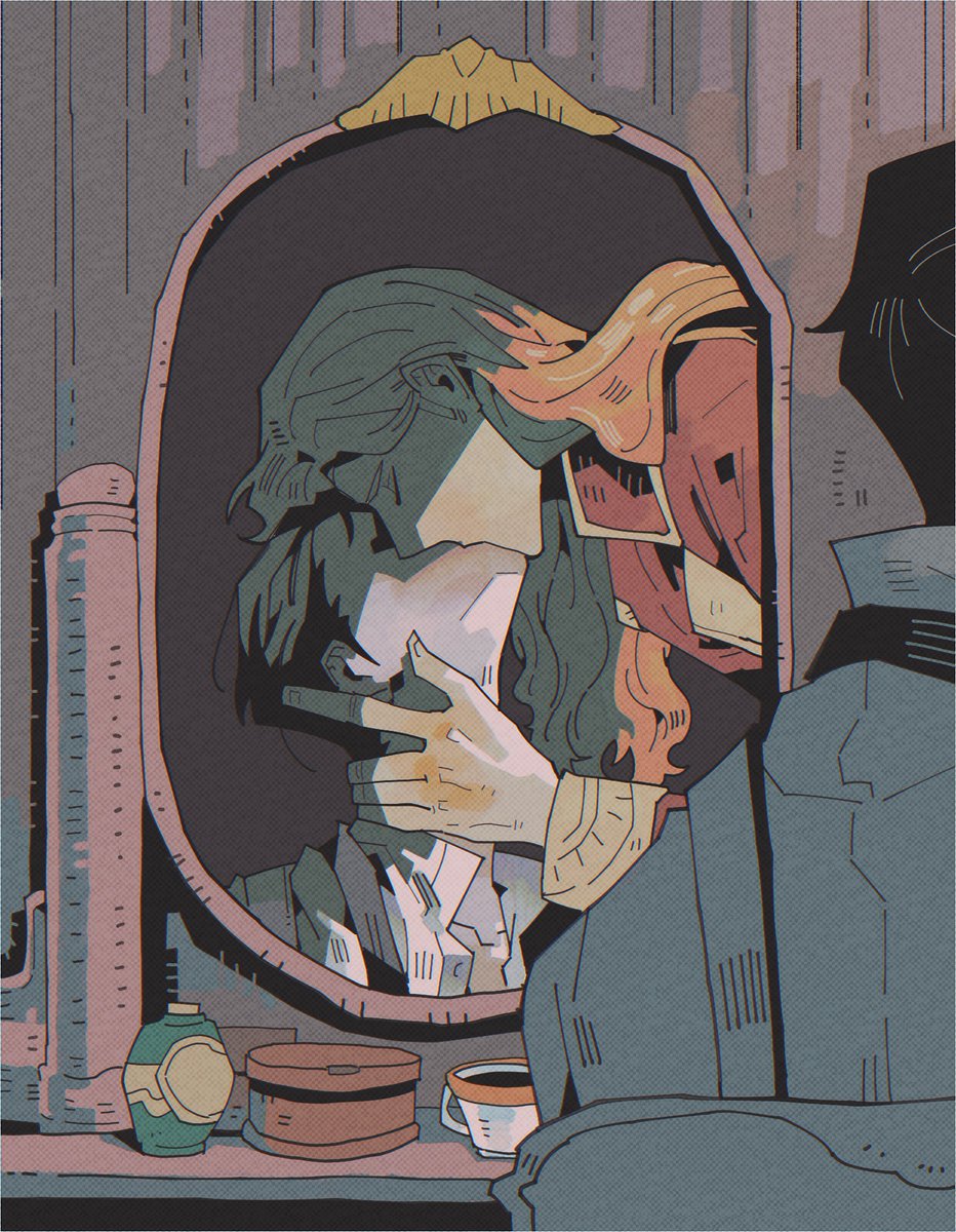 reflection mirror long hair cup kiss black hair multiple boys  illustration images
