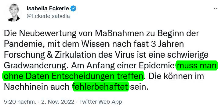 Nach diesem Tweet musste @EckerleIsabella die Kommentare abschalten.

3 Jahre brauchten sie und ihr Lehrmeister Drosten, um zu verstehen, was Ioannidis, Bhakdi usw. von Anfang an sagten. Bis dahin schädigten Eckerle und Drosten die Menschen millionenfach - ohne Datengrundlage!