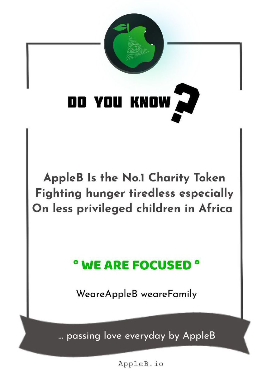 We are not just any meme token

We are driven by the vision of lifting the poor and changing life's, many Community members have since seen that and have sticked with the vision

WE ARE FOCUSED

#AppleB #No1Charitytoken