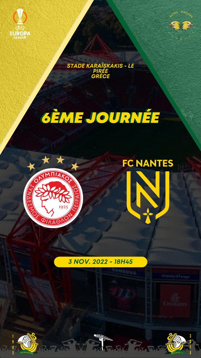 ActivNantes's tweet photo. 🔰 Game Day 🔰
🕒 Jeudi 3 novembre 2022 - 18h45
🆚 Olympiacos FC
🏟  Karaiskaki Stadium
🏆 UEFA Europa League
📺 RMC Sport
📻 France Bleu Loire Océan
🍺 La Cervoiserie - Orvault 

#OFCFCN  #UEL #BACKINEUROPE https://t.co/ZxPO1Vmd4h