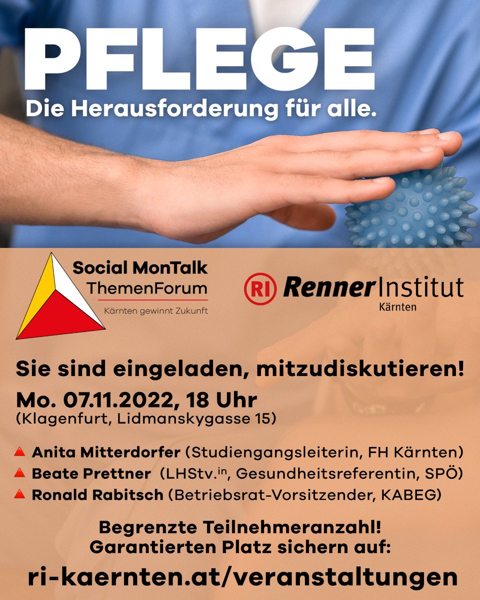 Kommenden Montag ist wieder #socialmontalk Zeit!

Kommt vorbei&amp;diskutiert mit Landeshauptmann-Stellvertreterin @BeatePrettner,@RonaldRabitsch (Zentralbetriebsrat in der KABEG) sowie Anita Mitterdorfer (FH Kärnten) über die Herausforderungen in der #Pflege!