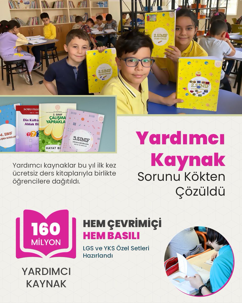 “Her çocuk benzersizdir.” dedik ve “eğitimde fırsat eşitliği” ilkemizin rehberliğinde evlatlarımızın ve velilerimizin yardımcı kaynak sorununu kökten çözdük. #EğitiminYüzyılı @tcmeb @zuleyhaaldogan