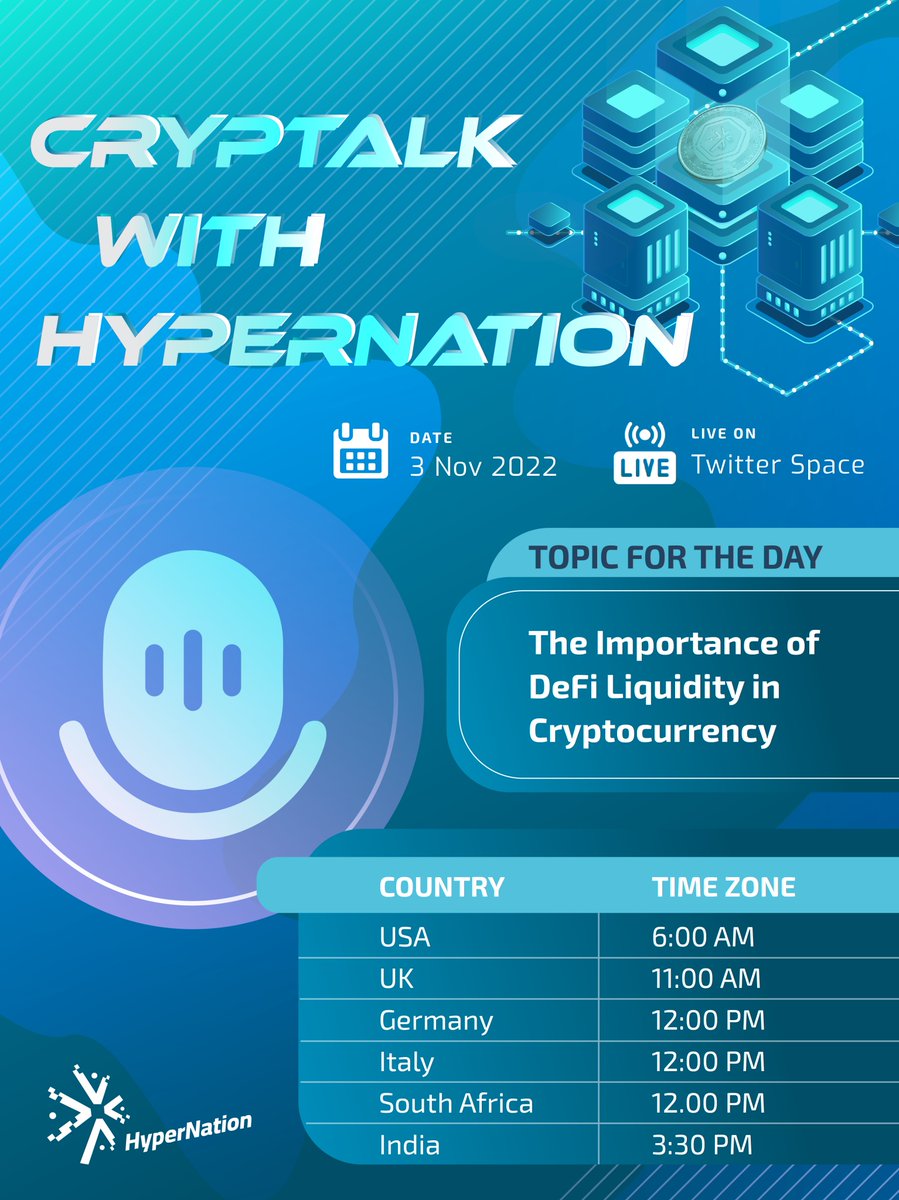 HyperNation8's tweet photo. 📢Dear Citizen of HyperNation📢
We will be hosting a Twitter Space on 6AM EDT later!
Come and join us to learn more about #crypto

🗣️Topic: The Importance of DeFi Liquidity in Cryptocurrency
🌐Room Link: https://t.co/3AKfXtmNbf
#hypernation #metaverse #defi #dao #blockchain https://t.co/ixkI3mMcC8
