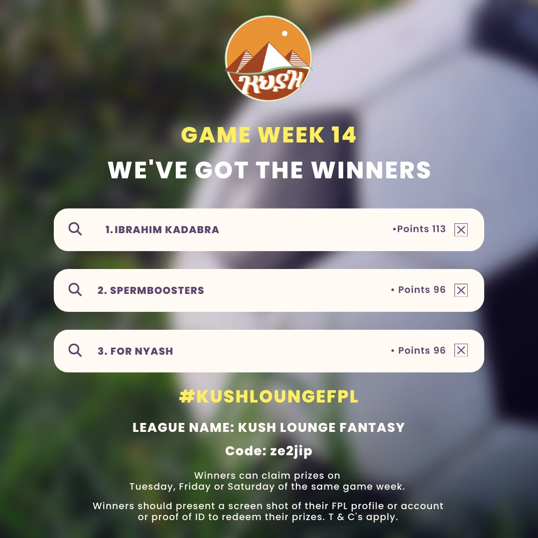 kushloungekla's tweet photo. Congratulations to last week's #KushLoungeFPL winners 🏆. Feel free to collect your prizes any Tuesday, Friday or Saturday of your winning game week. #GameWeek14 #KushLounge #FPLComnunity https://t.co/pCe5gKoEAx