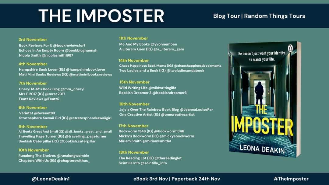 Bookreviewsfor1's tweet photo. Today I am delighted to be taking part on the blog tour for The Imposter by Leona Deakin.

If you have a minute, please do check out my thoughts in the link below 👇 👇👇

@RandomTTours
@LeonaDeakin1
@TransworldBooks

https://t.co/JIzpKuP9ly https://t.co/dEWJ6GHG2D