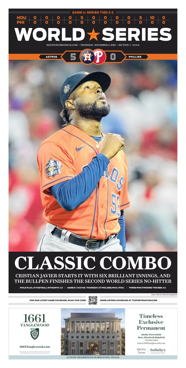 Thursday's <a href="/HoustonChron/">Houston Chronicle</a> World Series Game 4 cover. <a href="/karenwarrenHC/">Karen Warren</a> photo. #Astros #Phillies