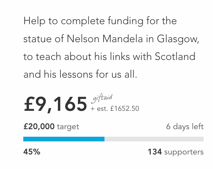 SIX DAYS TO GO! Please help to realise the goal of a memorial to Nelson Mandela in Glasgow. Please donate to our Crowdfunder Appeal at bit.ly/MandelaCrowd