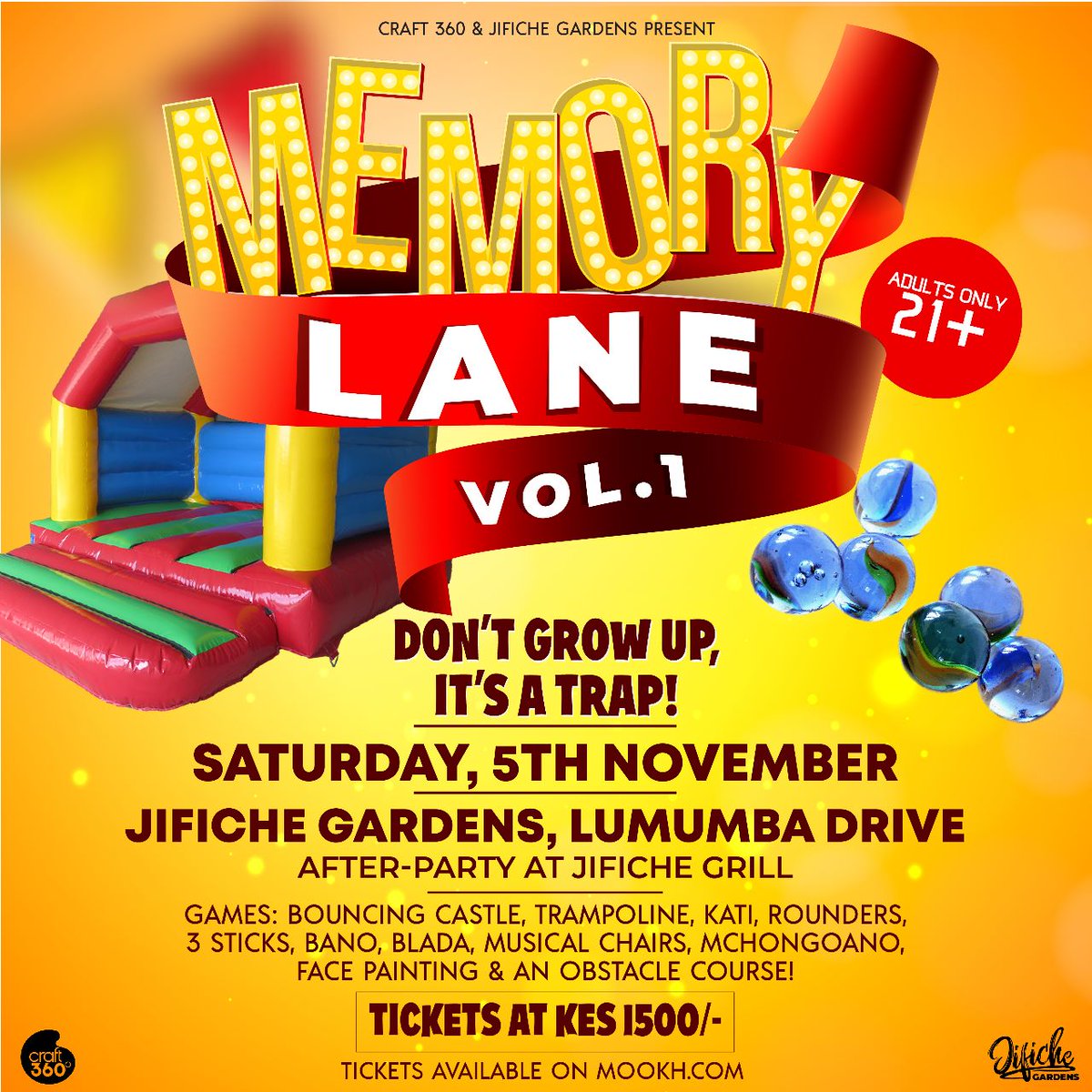 tinjeyTJ's tweet photo. Huku ndio watu walisema wanataka bouncing castle for adults and other games?
I present to you Memory Lane Vol. 1 courtesy of Craft 360 Concepts.

Share widely, your fellow child (at heart 🥲🤣) may be in need of this therapy. 

Tickets: https://t.co/2jmYx3k3R1

See you there 🕺💃 https://t.co/kgA8J92e4O