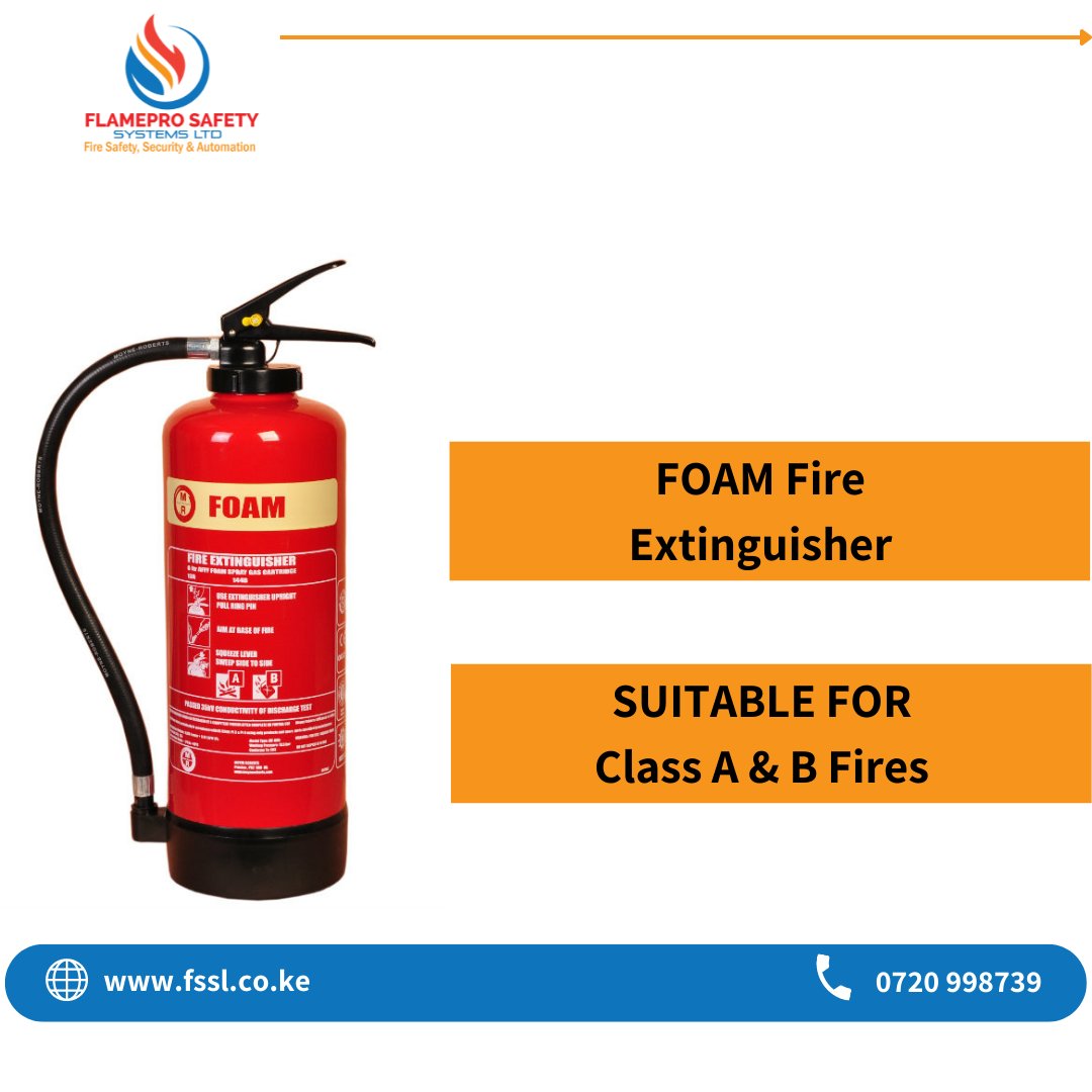OfficialFssl's tweet image. The Foam fire extinguisher is suitable for use on class A and B fires. It is generally used for fires involving flammable solids and liquids.

#practicefiresafety

We INSTALL, REFILL and SERVICE

Contact us on

☎0720998739
✉️enquiries@fssl.co.ke
🌐fssl.co.ke

#fssl