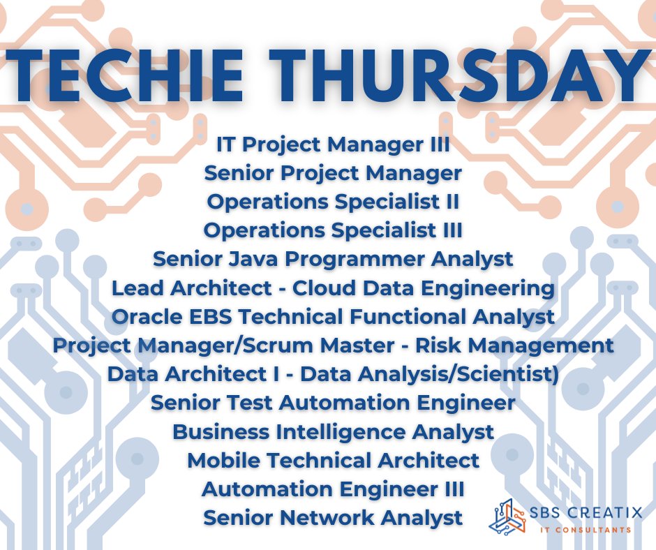 SBS_Creatix's tweet photo. You want more open positions,  #TechieThursday has them! Become an SBS'er today and let our experienced recruiters show you the #SBSDifference.

Apply now on LinkedIn or https://t.co/S5LfV5va8T.

#scrum #cloud #remotework #oracle #java #projectmanager #imhiring #hiring https://t.co/ejcmmeXrJ2
