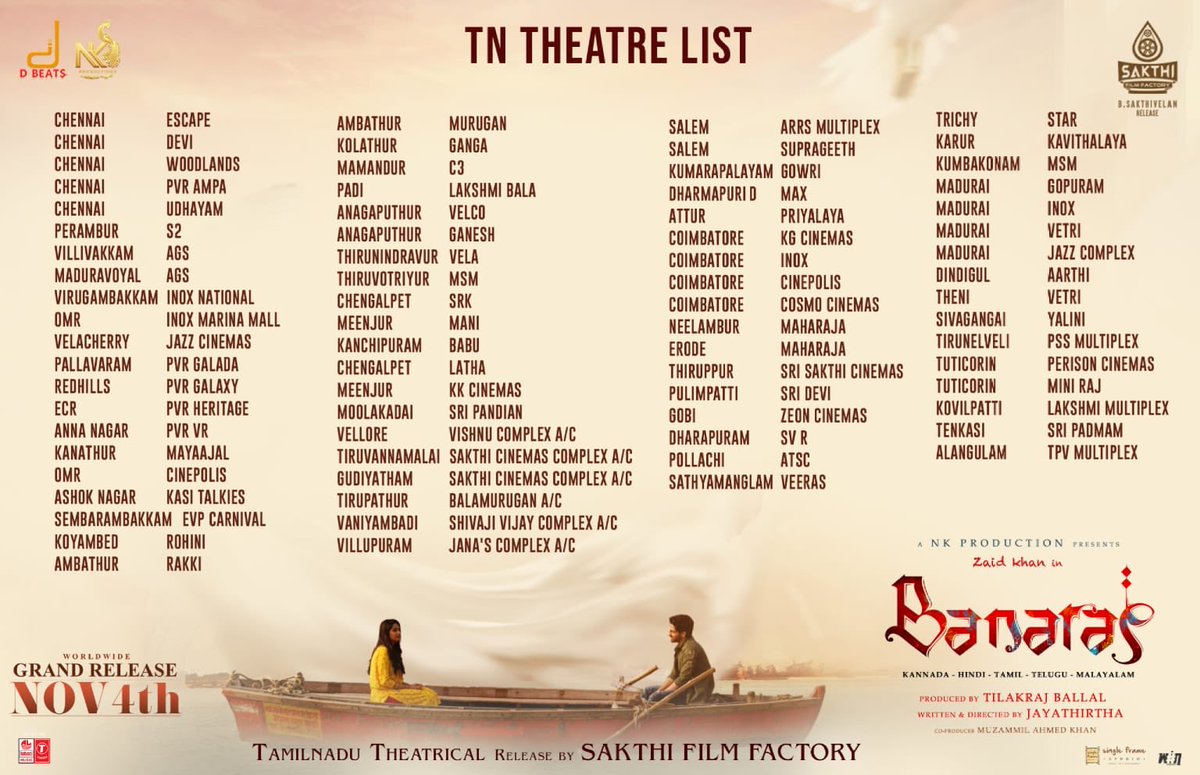 Tamilnadu theatre list of #BanarasTheFilm, Watch the film in theatres from tomorrow! Watch Trailer ▶️ youtu.be/42C8TbefkZk #BanarasOnNov4th #BanarasFromTomorrow @UrsZaidKhan @sonal_monteiro @jayathirtha77 @tilakrajballal @AJANEESHB @SakthiFilmFctry @sakthivelan_b