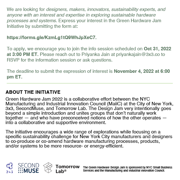3x3 (@3x3design) on Twitter photo Calling all NYC designers & manufacturers 💚
Join our Green Hardware Jam in collab with NYC Manufacturing and Industrial Innovation Council, <a href="/TomorrowLabNYC/">Tomorrow Lab LLC</a> & <a href="/secondmuse/">SecondMuse</a>
Share your interest here: bit.ly/3Dq6ely Calling all NYC designers & manufacturers 💚
Join our Green Hardware Jam in collab with NYC Manufacturing and Industrial Innovation Council, <a href="/TomorrowLabNYC/">Tomorrow Lab LLC</a> & <a href="/secondmuse/">SecondMuse</a>
Share your interest here: bit.ly/3Dq6ely