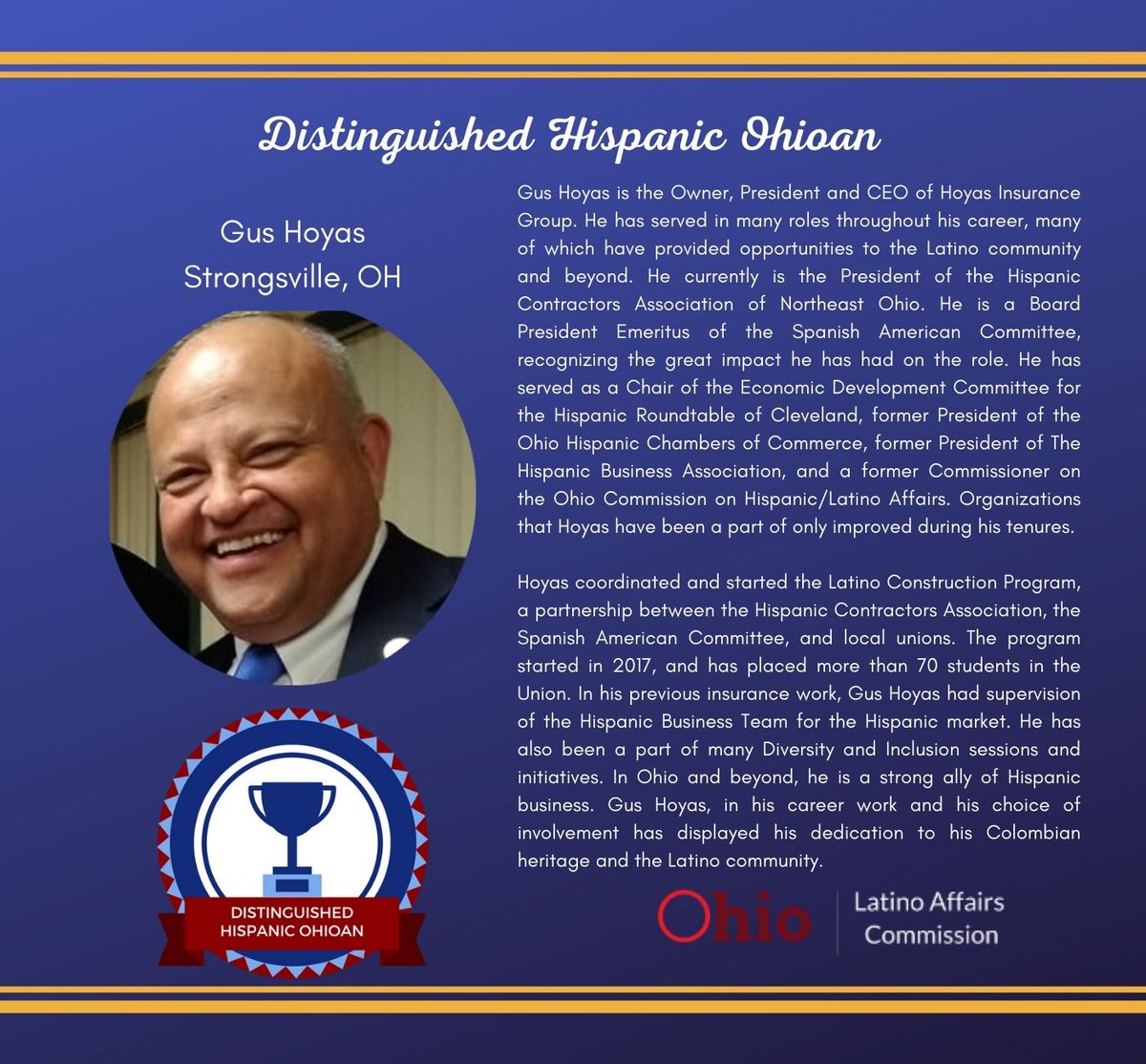 OCHLA_OH's tweet photo. Empowering lives in Strongsville, Ohio we have Gus Hoyas as our Distinguished Hispanic Ohioan! #DHO #OCHLA https://t.co/RB5Rt55NBJ