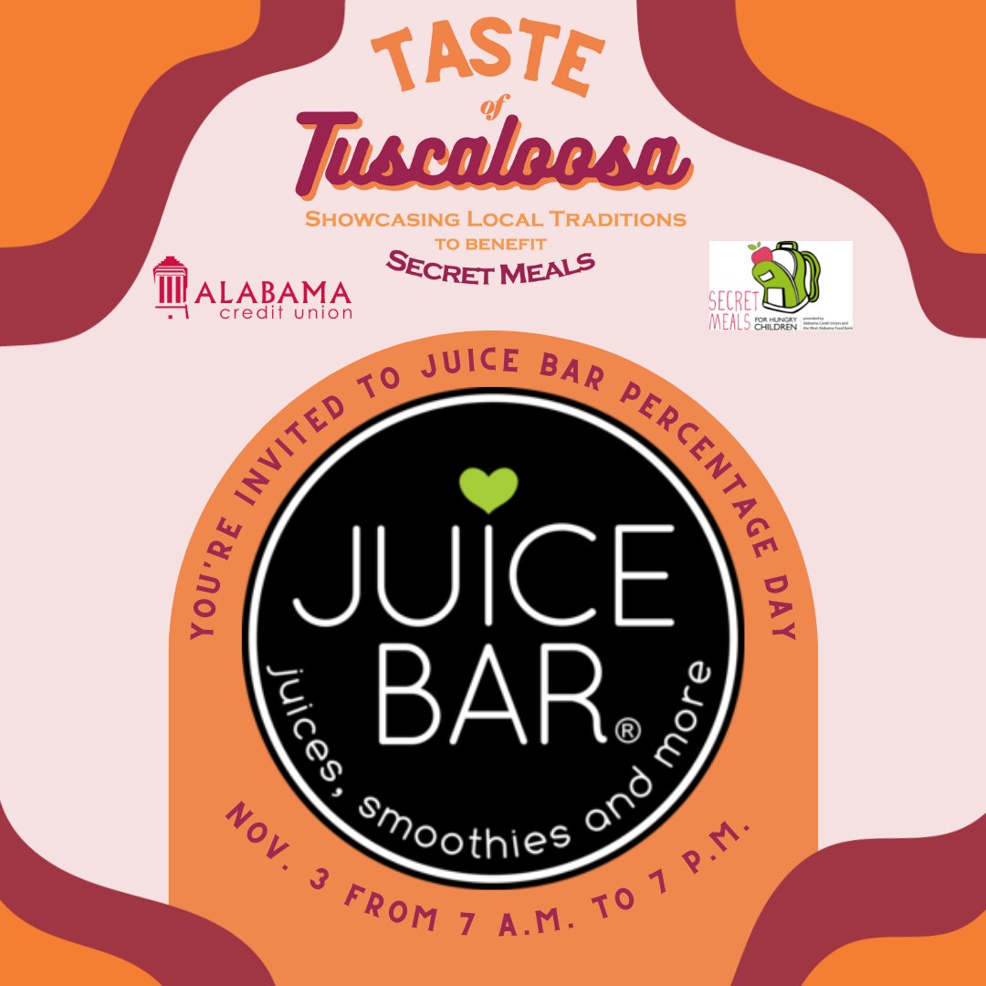 Want a delicious smoothie for a cause? Join us at Juice Bar today from 7 a.m. to 7 p.m. and mention "Secret Meals" for a percentage of your sales to go toward Secret Meals For Hungry Children!