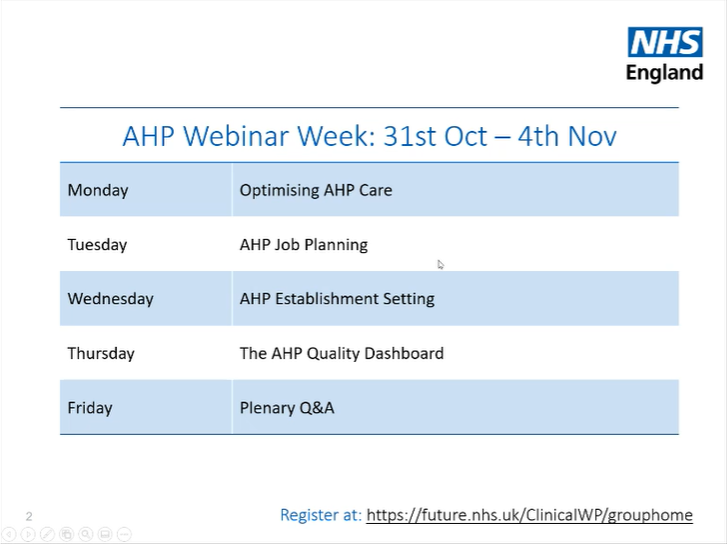 TheVenusMadden's tweet photo. #OptimisingCare 4th webinar today. @clare_collyer started by sharing an overview of our webinar topics this week. Please do register https://t.co/EV5dTefL3S so you can access all the slides and recording later on.
#AHPsDeliver https://t.co/RLxzkNOFgH
