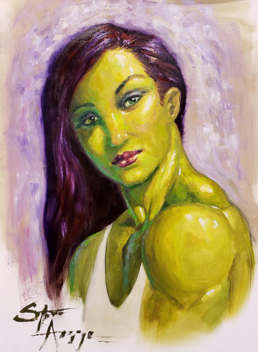 Steve_Argyle's tweet photo. My painting for the charity auction at Lucca this year. Painted live at the show with a spatula, because I guess that's how a Steve do now. Also it's huge. Like 3 1/2 feet tall.
#shehulk #spatulacity https://t.co/NO7EFsou1e