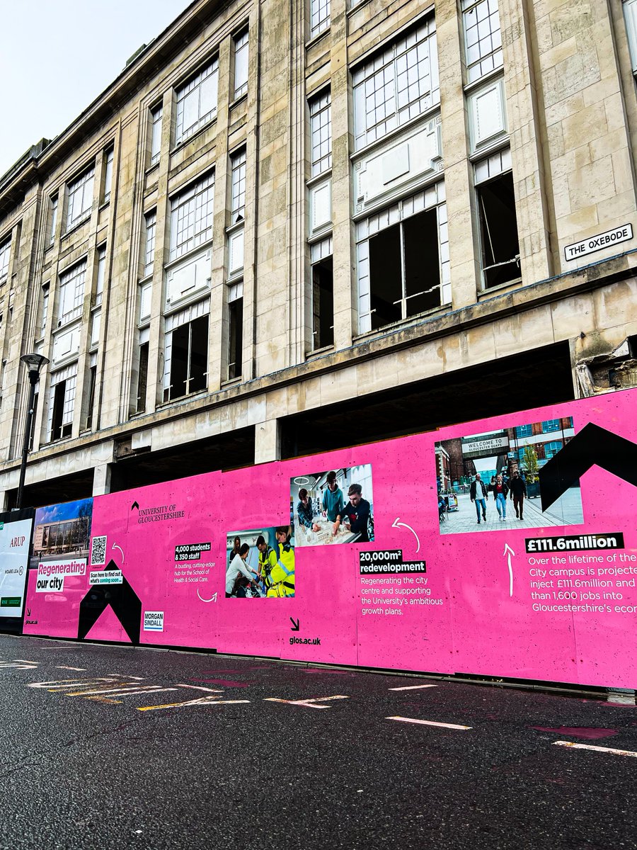 A gloomy day in Gloucester but that doesn’t stop us from showing off our brand new City Campus hoardings! 😍

Filled with history and lore, the hoardings tell a story of the past &amp; future of the former Debenhams building.

We can’t wait to see how City Campus will look! 📸