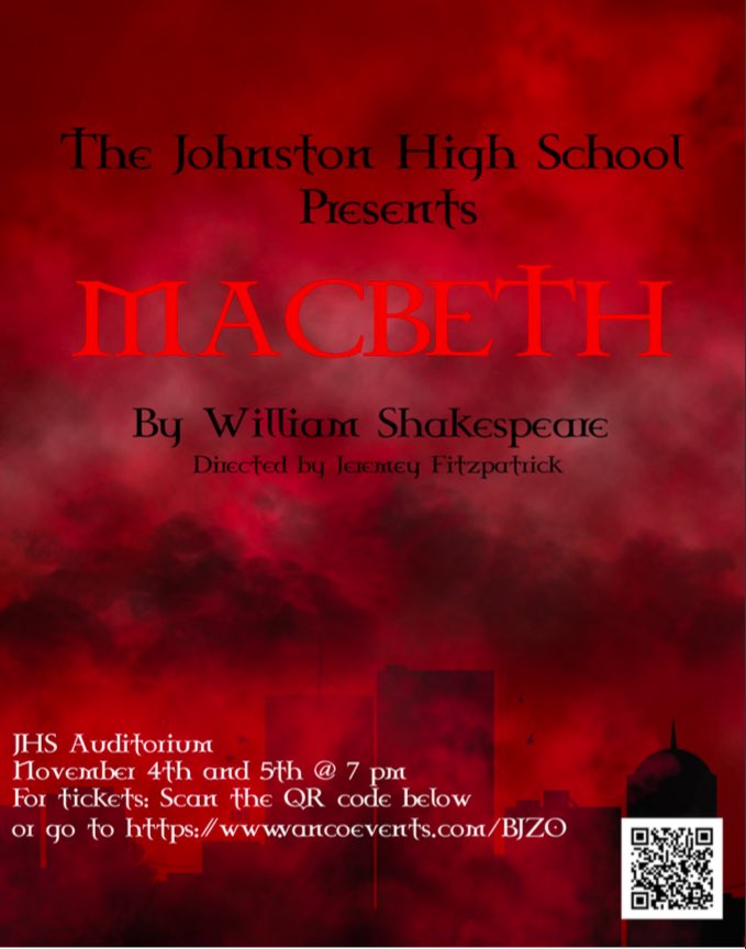 This Weekend! JHS presents its fall play, MacBeth by William Shakespeare. There will be two shows: 7 p.m. Friday and Saturday, Nov. 4 and 5, at the JHS auditorium. Tickets are $7 and can be purchased by scanning the QR code or clicking here: vancoevents.com/us/events/land…