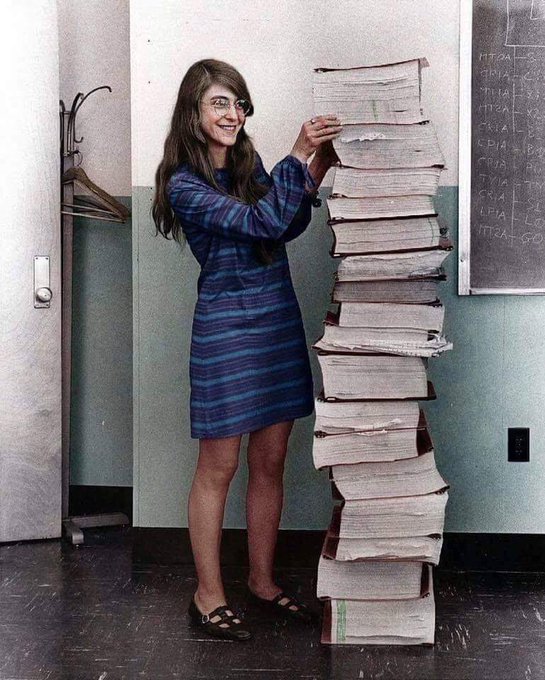 Margaret Hamilton was NASA's lead developer for the Apollo program. 

In a world without Github, she stands next to the code she wrote completely by hand. Which contributed greatly to humanity reaching the moon in 1969.  #GirlPower  #GoodMorning #coding  #tech #100DaysOfCode #USA