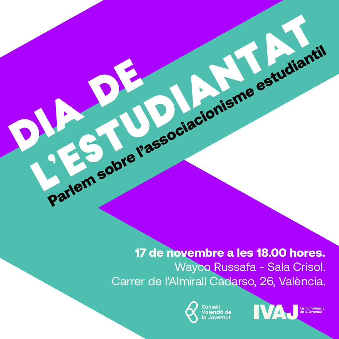 ✊L'estudiantat hem de ser un actor actiu en el sistema educatiu.

🗣️En el Dia Internacional de l'Estudiantat, parlem sobre l'associacionisme estudiantil amb sindicats i organitzacions d'estudiants.

📆17 de novembre
🕒18.00h
📍WayCo Russafa

🔗Inscripció forms.gle/7Hs7nKKYy4jA2F…