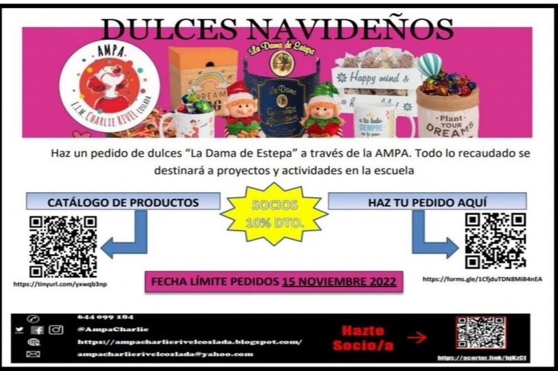 Dicen que a nadie le amarga un dulce,no? Pues aquí te traemos los dulces de <a href="/LaDamaDeEstepa/">La Dama De Estepa</a>  Podéis hacer vuestros pedidos entrando en el siguiente enlace hasta el 15 de noviembre. Los socios del AMPA tienen un 10% de descuento😉acortar.link/GBD4hg
