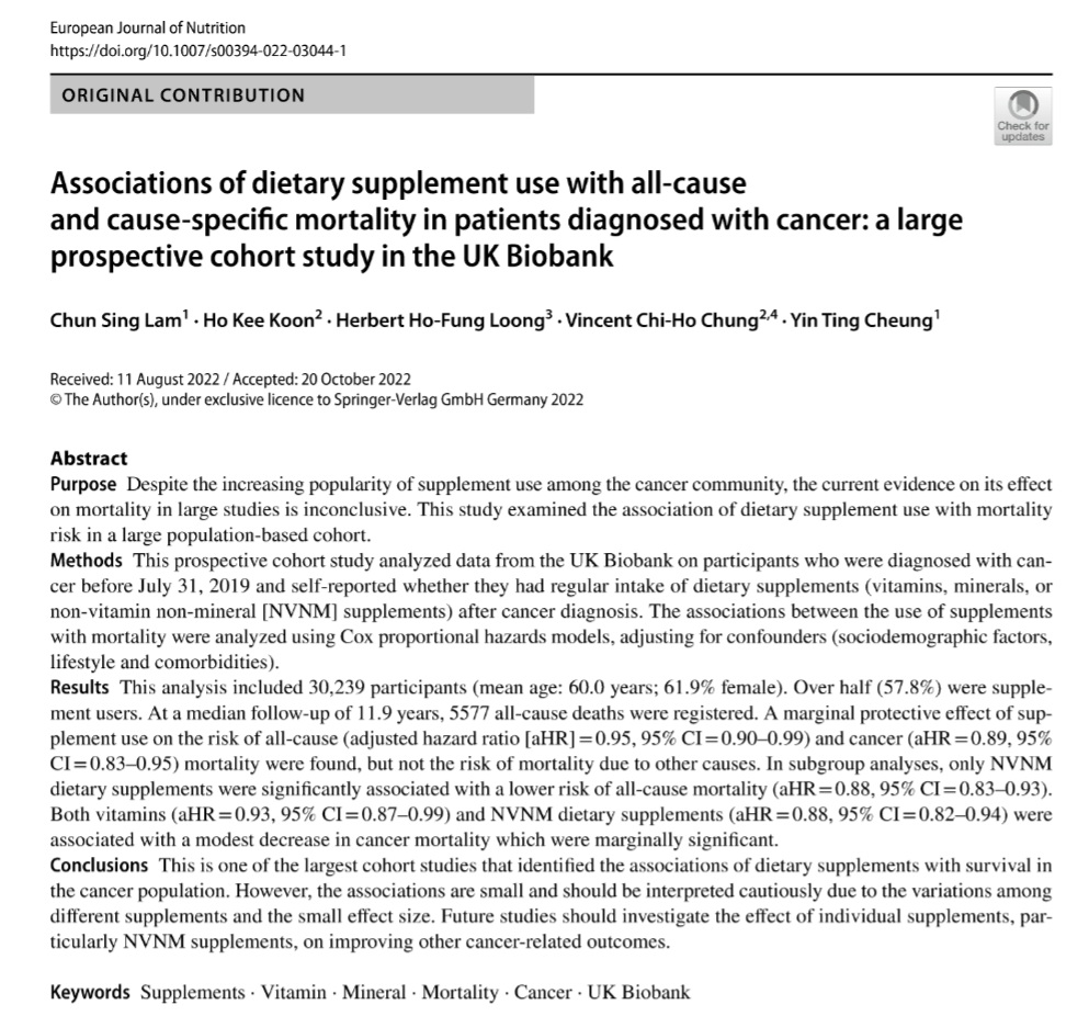 Latest study by our <a href="/cuhkpharmacy/">CUHK Pharmacy</a> PhD student <a href="/Jasonlamlamcs/">Jason Lamlamcs</a> 💁🏻‍♂️. Dietary supplement use is associated with a modest reduction in #mortality risk among #patients with #cancer in the UKBiobank. 
➡️rdcu.be/cYLHp
<a href="/CUHKMedicine/">CUHK Medicine</a> <a href="/Integrativeonc/">Society for Integrative Oncology</a> 
<a href="/herbloong/">Herbert Loong, MBBS, FASCO</a> <a href="/VincentCHChung1/">Vincent CH Chung 鍾志豪</a>