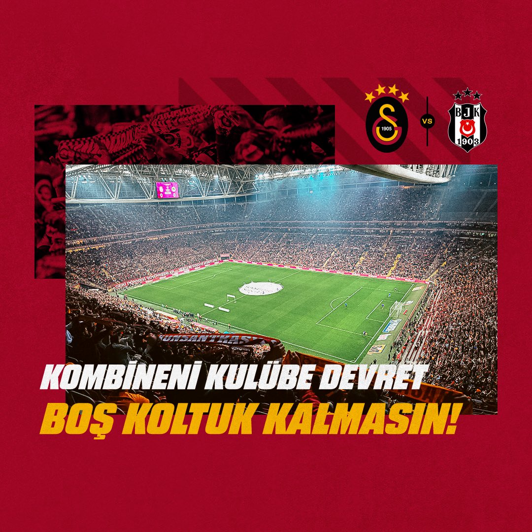 📢 BÜYÜK GALATASARAY TARAFTARI! 🦁 🏟️ Cumartesi akşamı Nef Stadyumu'na gelemiyorsan kombineni kulübe devret, 52.000 ASLAN takımımızla birlikte savaşalım! 💪 ℹ️ Tek maçlık kombine devir işlemi nasıl yapılır? 👉 bit.ly/BiletiniDevret #𝐆önülden𝐒eviyoruz 💛❤️