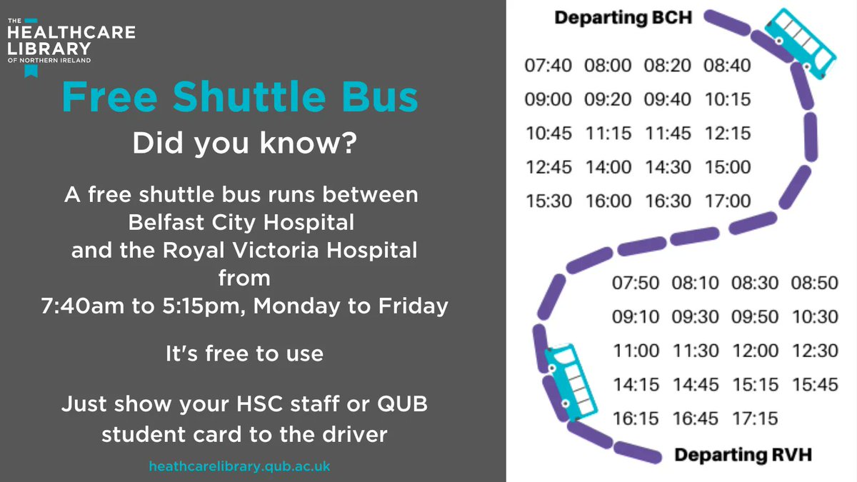 Did you know about the free shuttle bus which runs from the City Hospital to the Royal Victoria Hospital? @BelfastTrust @BelfastMedEd @QUBLibrary @QUBSONM @QUBMidwiferySoc @PharmForumNI @ahpfni