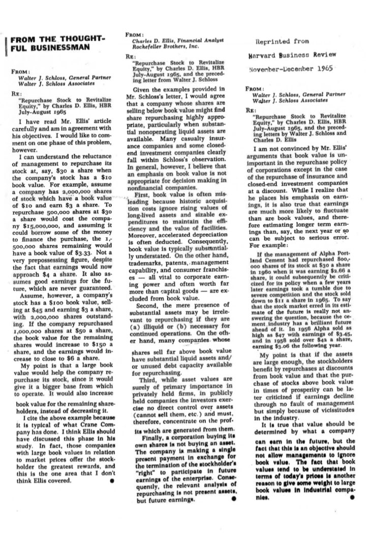 An interesting back and forth between Walter Schloss and Charles Ellis on stock repurchases.