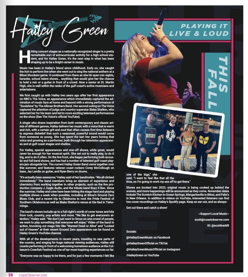 Thank you Coast Observer for the great write up!!! ❤️🤍❤️

#music 🎵 #musician 🎤 #HaileyGreen 🤘#TheVoice ✌️ #TeamBlake 🤠#GulfCoast