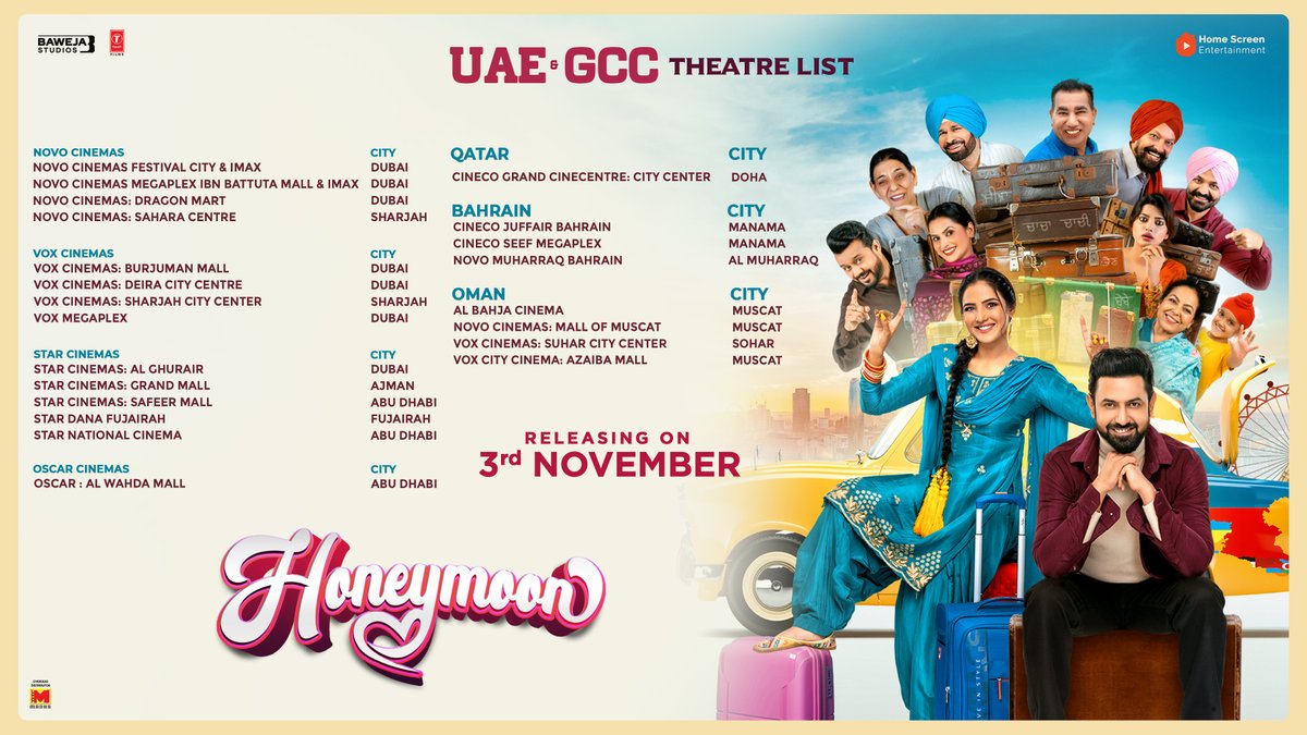Here's the UAE & GCC theatre list for #HoneyMoon In theatres from today! @GippyGrewal | @jasminbhasin | #AmarpreetChhabra | @BPraak | @TSeries | @bawejastudios #HoneyMoonFromNov3 #HoneyMoonFromToday