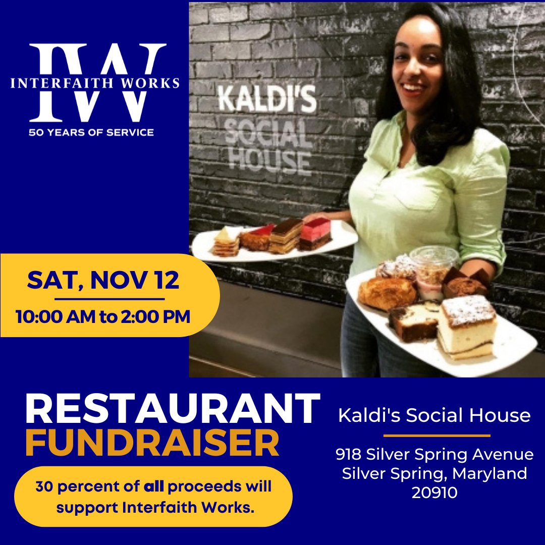 InterfaithWorks's tweet photo. Family & friends are invited to enjoy delicious coffee, smoothies, & meals at @Kaldis_Social in Silver Spring, MD, on Sat, Nov 12!
IW will receive 30% of all proceeds from food & drinks ordered between 10 am-2 pm. Join us!
#inpartnershipwecan #restaurant #fundraiser https://t.co/FioR94ImU3