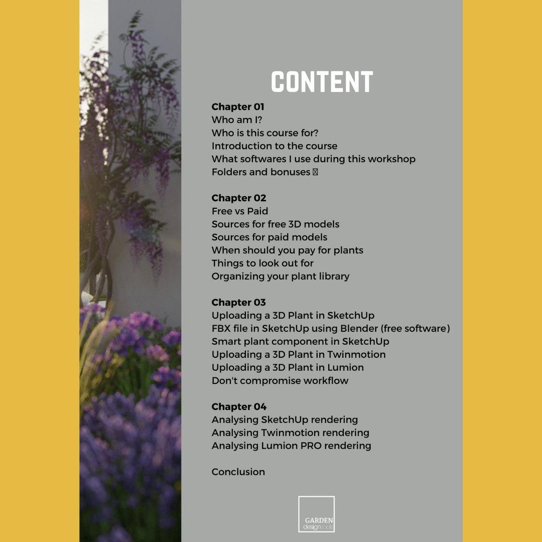 C_GDesigns's tweet photo. @gardenprodesign Struggling to find the right 3D plant models for your project?? This workshop is for you, you will learn where to get free and paid quality 3D plants to enrich your library. 
https://t.co/LToQmYShlH
#workshop #3Dplants #workbetter #improveyourprojects #presale https://t.co/2vEoZ87lck