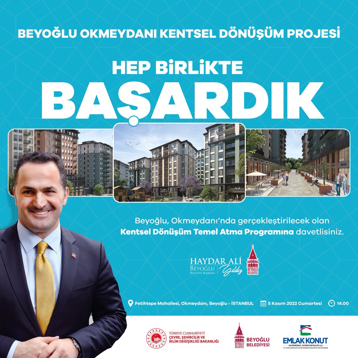 Hep birlikte BAŞARDIK! Okmeydanı, Fetihtepe’de şehir yenileme projemizde tarihi günü hep beraber yaşayalım. Temel Atma Töreni’ne hepinizi bekliyoruz. Beyoğlu’nda söz verdiğimiz projeleri gerçekleştirmeye devam.❤️