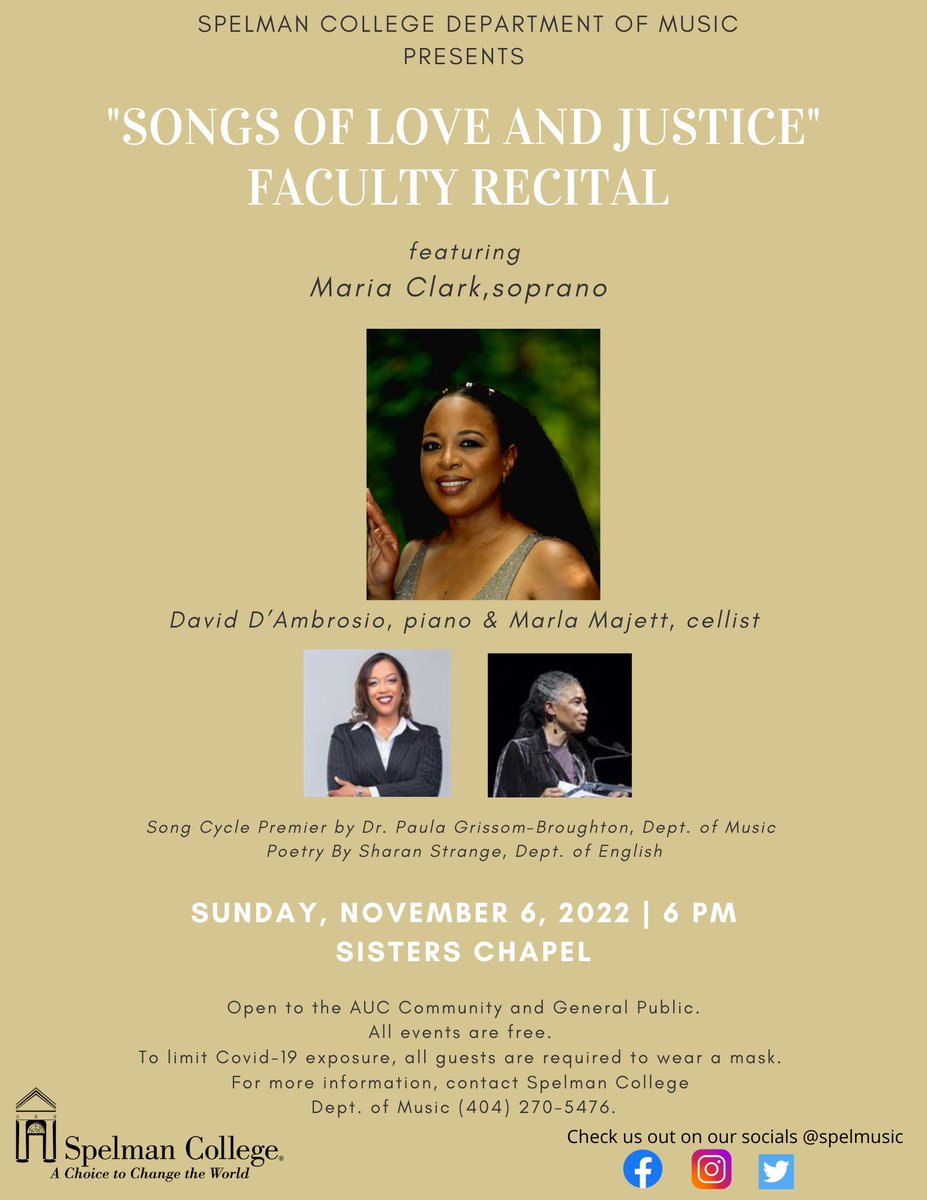 SpelmanMusic's tweet photo. Come share an evening of songs of love &amp; justice with voice faculty professor, soprano, Maria Clark. Also there will be a premier of Dr. Paula Grissom Broughton &amp; Sharan Strange's Carnegie Mellon award winning song cycle entitled "In Her Voice". Concert free &amp; open to the public! https://t.co/oyd0ddfN7U