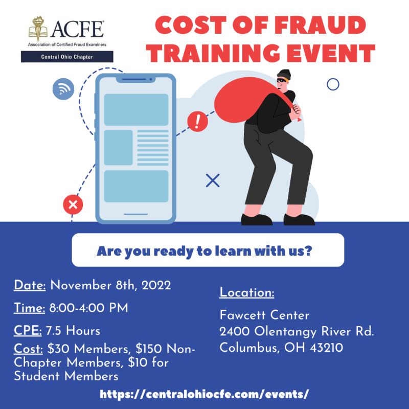 Our resident fraud expert @_MaryAnnMiller will be speaking at @CentralOhioCFE's 'Cost of Fraud' training event on November 8 at the @FawcettCenter in Columbus, Ohio. Register here: bit.ly/3Wu7f4Q

#fraudprevention #fraud #internationalfraudawarenessweek