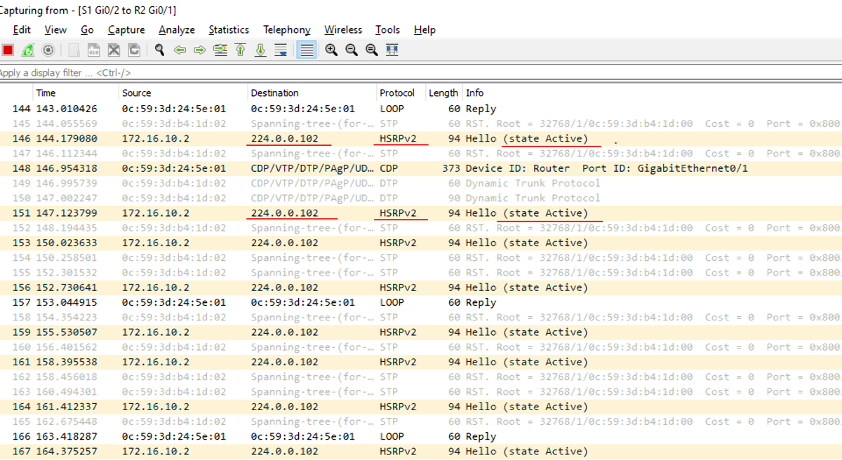 Zaal1990's tweet photo. Here we go, a HSRP version 2 captured by wireshark.
Version 2 uses IPv4 Multicast address: 224.0.0.102 or the IPv6 Multicast address FF02:66 to send HELLO packets.
Remember that HSRP is a member of a family of FHRP
#Cisco #CCNA #HSRP #FHRP https://t.co/guUTZEeAAV