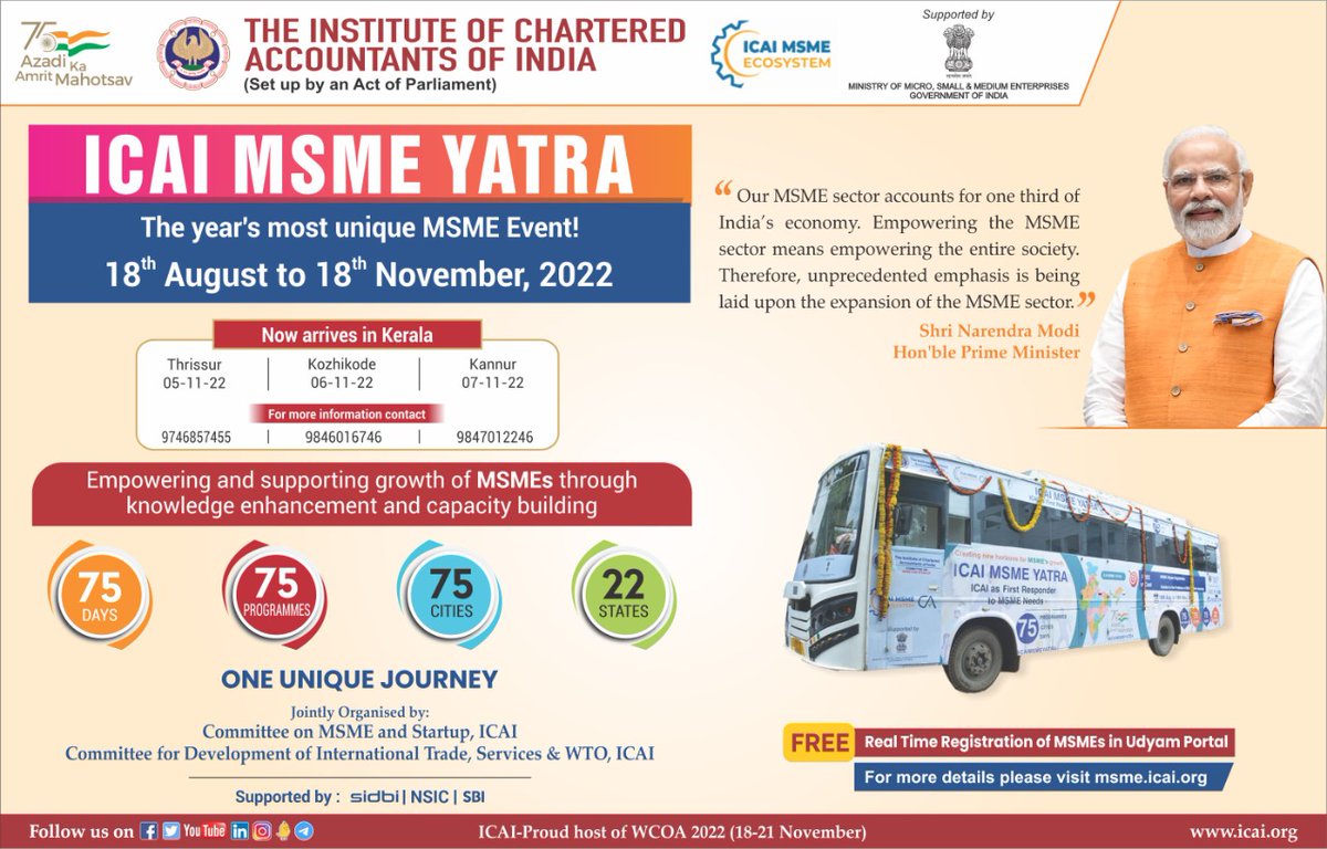 msmeicai's tweet photo. ICAI MSME Yatra &amp; ICAI MSME Setu at
Thrissur on 05-11-2022, at KOZHIKODE on 06-11-2022, at KANNUR  on 07-11-2022  in the State of Kerala
#icaimsmeyatra https://t.co/6umFE7yO6H