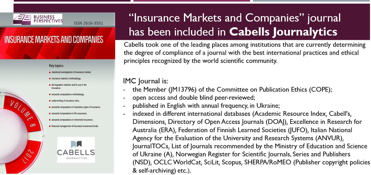 LLC_BP's tweet photo. "Insurance Markets and Companies" journal has been assessed and met the selection criteria required for inclusion in #Cabells. The experts have added the IMC journal to this database, which should appear on the Cabells website in 2-3 months.
https://t.co/FQCHLgsice https://t.co/WMafZb4n7e