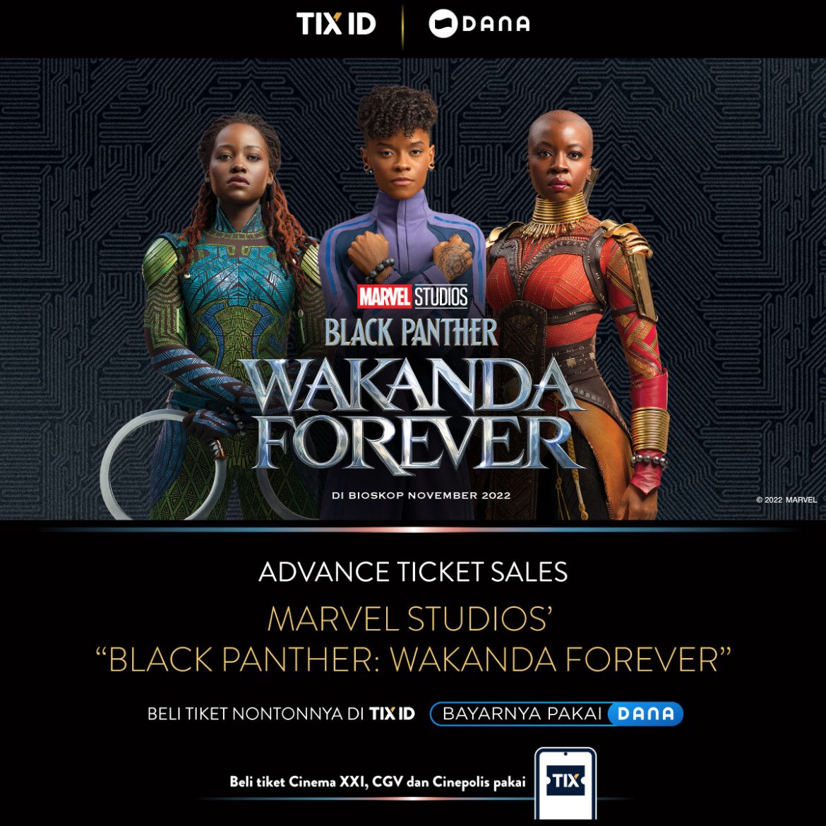 tix_id's tweet photo. Kembali saksikan aksi Marvel Studios' Black Panther: Wakanda Forever di bioskop mulai tanggal 9 November 2022. Catat dan dapatkan tiket pre-salenya mulai 4 November 2022 pake TIX ID. https://t.co/GDGRTbPjL7