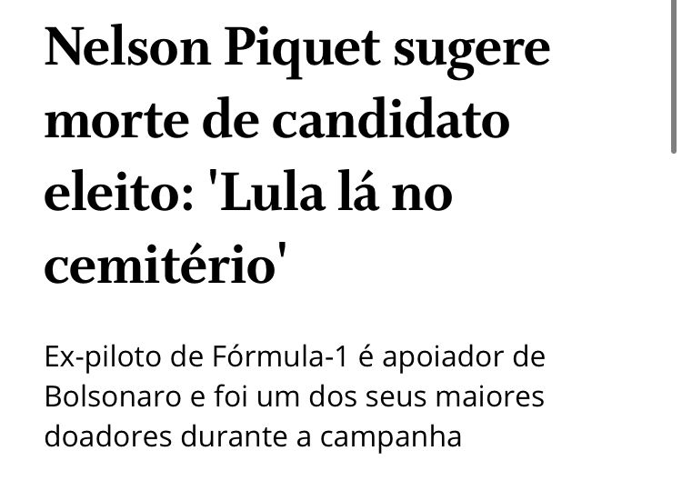 ATENÇÃO! Estou entrando com uma representação junto ao MPDFT contra o ex-piloto golpista, Nelson Piquet. Em vídeo que circula nas redes sociais, Piquet ameaça a vida do ex-presidente Lula. Não podemos normalizar o ódio e a barbárie. O bolsonarismo precisa ser expurgado do Brasil.