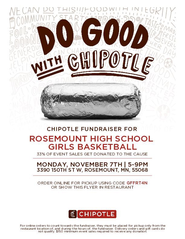 MsMiki21's tweet photo. Save the date! Help Rosemount girls basketball Nov 7 from 5-9 Triple Win: you get good food, the girls get your support, and a local business does to! Show pic of flyer or  order online, using promo code, and pickup 5-9pm. #fundraising @ChipotleTweets @CityofRosemount https://t.co/tuXOj1Hfvg