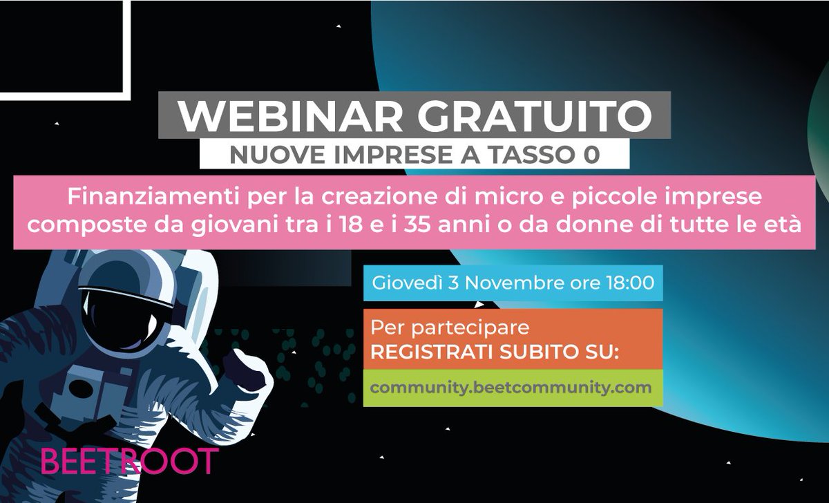 BeetrootSrl's tweet photo. Oggi #3novembre segui il nostro webinar gratuito.  Spiegheremo come ottenere un finanziamento agevolato senza interessi e un contributo a fondo perduto per creare una nuova impresa o supportare imprese costituite da 36 o 60 mesi. Ti aspettiamo🚀

👉 https://t.co/9uut4uRHfo https://t.co/hoRNE4xwyP