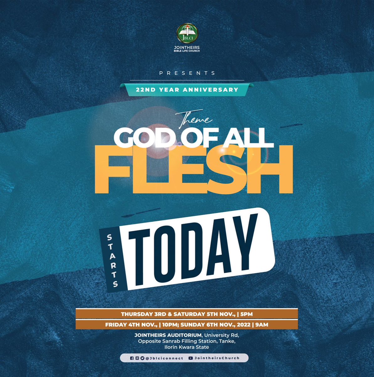Jblciconnect's tweet photo. Hurray! The long anticipated day is here! Join us as we enjoy these four days of enormous encounter with the *GOD OF ALL FLESH *.
.
.
.
Glory to God!!!
It’s our 22nd year Anniversary! Indeed this is the Lord's doing and it is marvellous in our sight https://t.co/Faxv49t01f