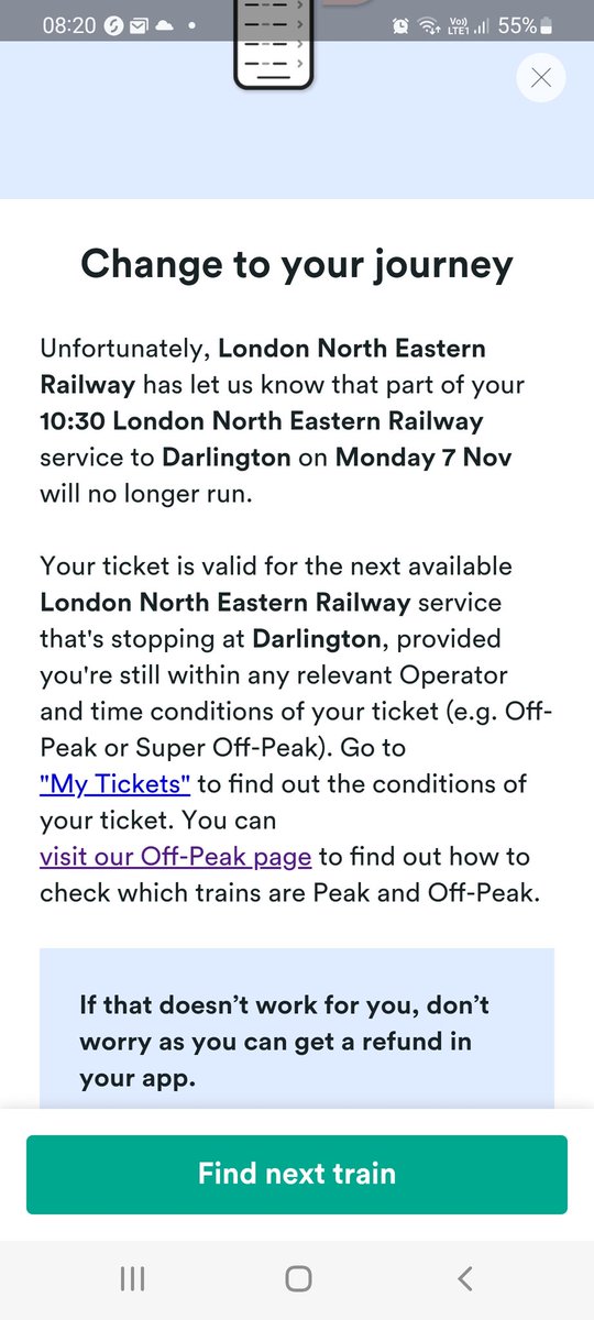 AmySwainston's tweet photo. @LNER your timetable says its running but then I've just received this email and can't find another train that day ? https://t.co/yA5mg0QXcK