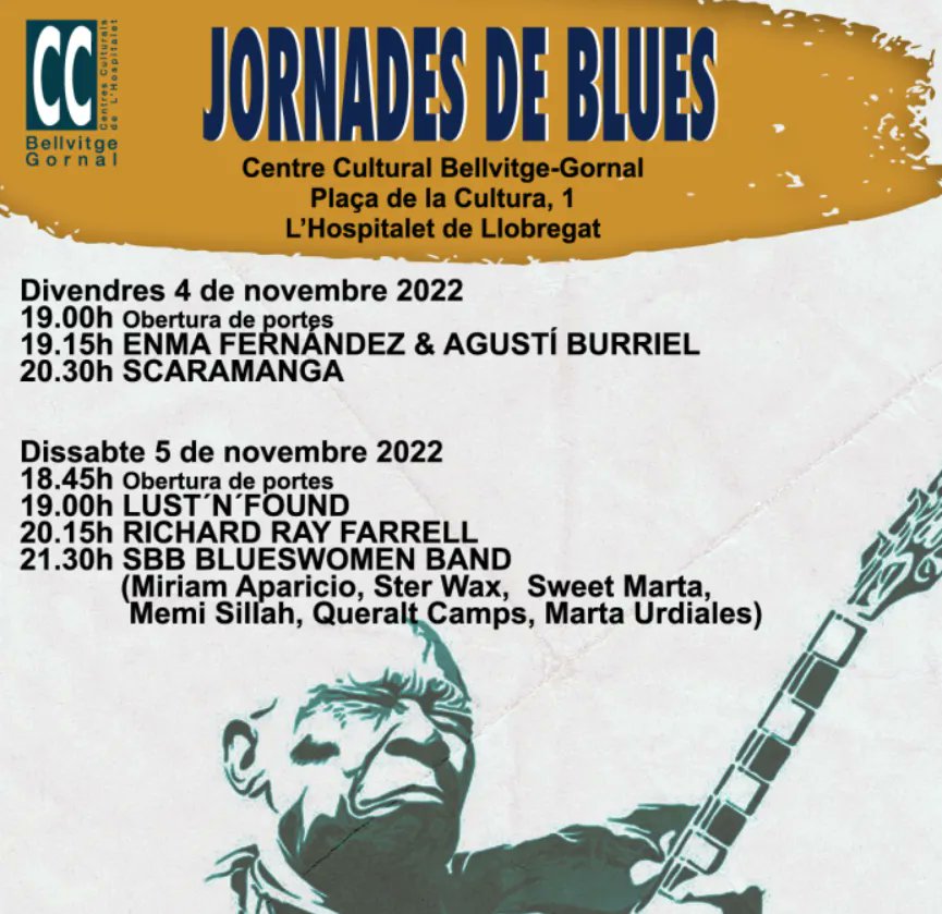Divendres i dissabte Jornades de Blues – Cicle L’Hospitalet Blues &amp; Boogie a l'Hospitalet de Llobregat.

+info a:buff.ly/3UhFb2C 

<a href="/LHCultura/">Cultura L'H</a>